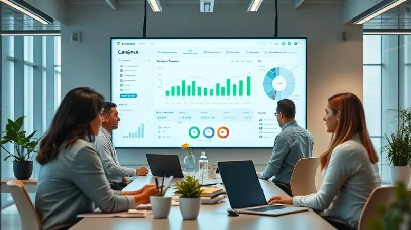 A photorealistic, professional photography, 8K, cinematic lighting, sharp focus, depth of field, shot on a high-end DSLR, depicting a modern, well-organized office environment with diverse professionals collaborating around a large monitor displaying a compliance dashboard. The scene conveys transparency, efficiency, and proactive management, with clean lines and subtle details. The overall mood is calm and productive, symbolizing effective compliance measures.