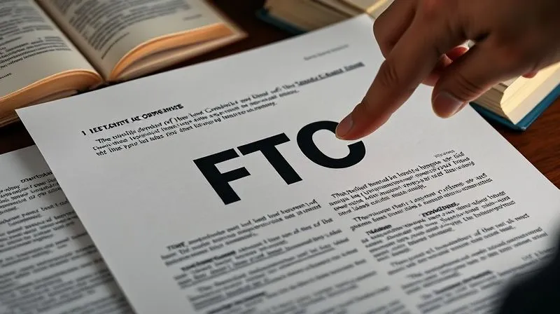 A photorealistic image of a legal document with the FTC logo prominently displayed, surrounded by intricate legal texts and a person's hand pointing at a specific section, conveying the complexity of regulatory compliance. Cinematic lighting, sharp focus, depth of field blurring a background of legal books, 8K hyper-detailed, shot on a high-end DSLR.