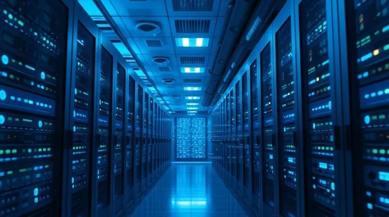 A photorealistic image of a highly organized data center with rows of servers, illuminated by cool blue lights, a digital overlay showing data flowing, symbolizing efficient data collection and preservation. Professional photography, 8K, cinematic lighting, sharp focus, depth of field, shot on a high-end DSLR.