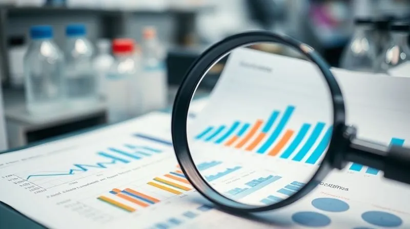 A photorealistic close-up of a magnifying glass over scientific data charts and lab reports, emphasizing the detail and rigor required for ad claim substantiation. The background is blurred to show a busy lab environment. Professional photography, 8K, cinematic lighting, sharp focus, depth of field, shot on a high-end DSLR.