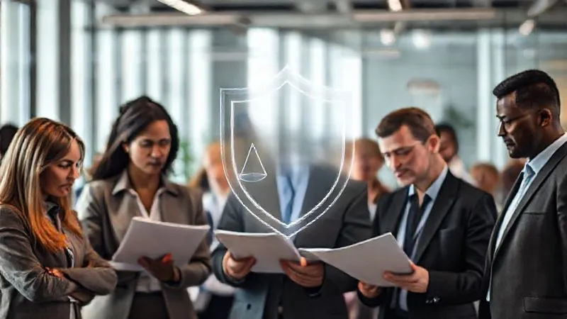 A photorealistic, professional photography, 8K, cinematic lighting, sharp focus, depth of field, shot on a high-end DSLR, of a diverse group of employees in a modern office setting, some speaking confidentially, others looking at official documents. A subtle, transparent legal shield icon hovers over them, indicating protection. The mood is serious but empowering.