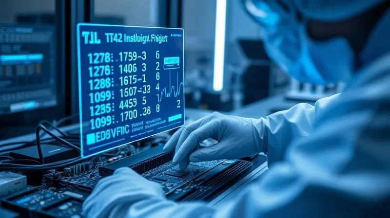 A photorealistic, professional photography, 8K, cinematic lighting, sharp focus, depth of field, shot on a high-end DSLR. A digital forensic investigator in a cleanroom environment, wearing gloves, meticulously connecting cables to a circuit board, with a glowing holographic interface displaying data streams and hash values. The scene is precise and high-tech, conveying meticulous data preservation.