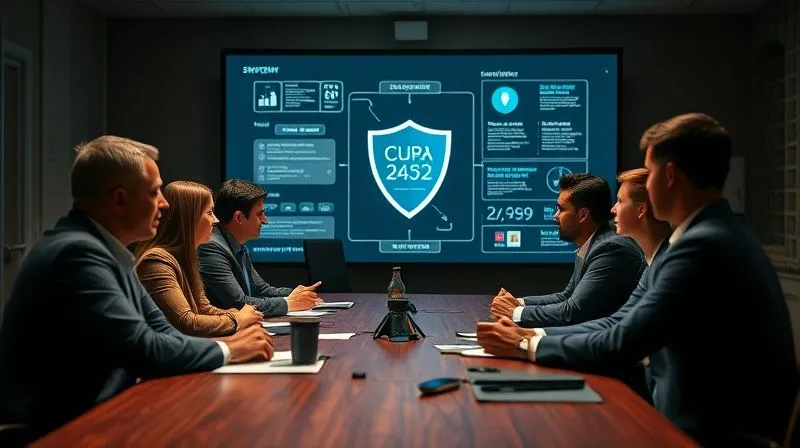 A photorealistic, professional photography, 8K, cinematic lighting, sharp focus, depth of field, shot on a high-end DSLR. A diverse team of legal and tech professionals around a conference table, intensely collaborating, with digital flowcharts and timelines projected onto a screen. The atmosphere is one of strategic planning and preparedness, not crisis, with a subtle 'shield' icon integrated into the digital display.