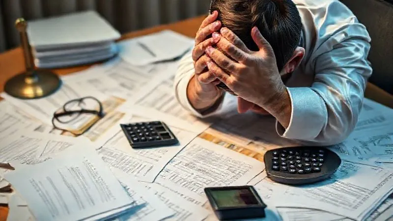 Photorealistic image of a legal brief overflowing with documents, a calculator showing high numbers, and a stressed individual's hands clasped over their head, representing the overwhelming financial burden of legal appeals, cinematic lighting, sharp focus, depth of field, 8K hyper-detailed.
