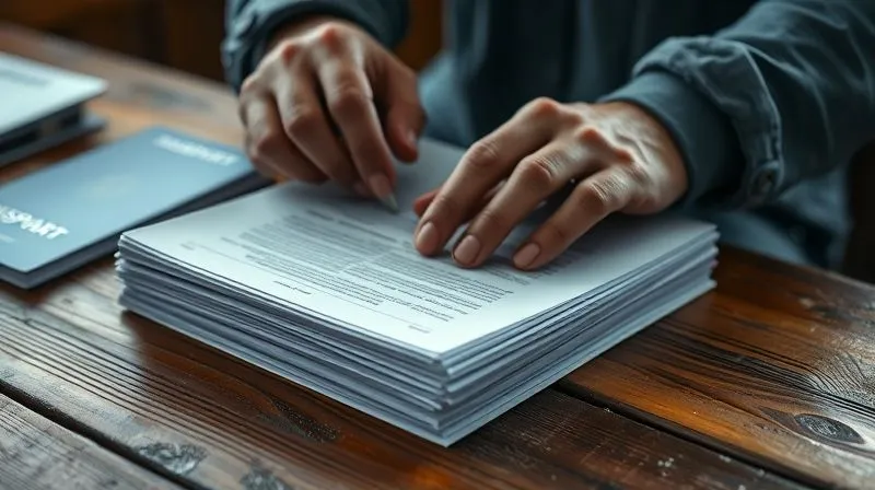 Photorealistic, professional photography, 8K, cinematic lighting, sharp focus, depth of field, shot on a high-end DSLR. A seafarer's hands meticulously organizing a stack of official documents, including a passport, employment contract, and a ship's logbook, on a worn wooden table. The lighting highlights the textures of the paper and the determined concentration on the hands, symbolizing the crucial act of documentation after a crisis. A blurred background suggests a ship's cabin or a small office.