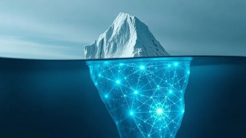 photorealistic, professional photography, 8K, cinematic lighting, sharp focus, depth of field, shot on a high-end DSLR. A large, jagged iceberg with a small visible tip above calm water, and a massive, intricate structure of glowing, interconnected medical and financial data points visible beneath the surface, representing the hidden complexities of long-term spinal cord injury costs. The water is clear, allowing a full view of the submerged part. The mood is analytical and revealing.