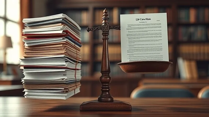 photorealistic, professional photography, 8K, cinematic lighting, sharp focus, depth of field, shot on a high-end DSLR. A stack of thick legal files and documents on one side of a vintage wooden scale of justice, heavily weighing it down, while a single, meticulously detailed life care plan document is being placed on the other side, slowly bringing the scale into balance. The background is a blurred, professional law office setting, with warm, dramatic lighting illuminating the scale and documents. The mood is serious, balanced, and striving for fairness.