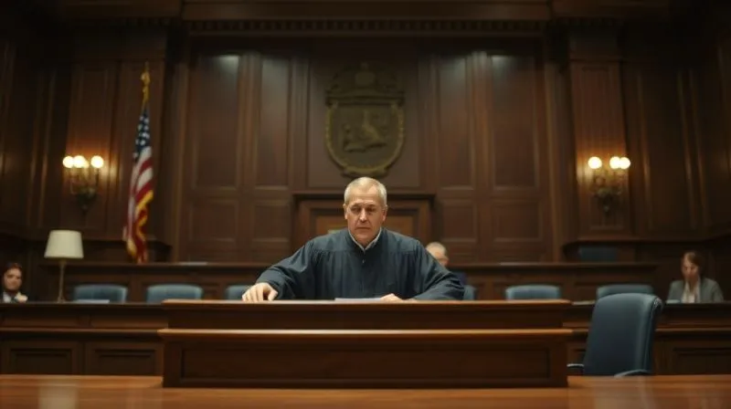 A photorealistic image of a courtroom from the perspective of the defense table, showing a judge on the bench with a serious expression, a jury box partially visible, and subtle cinematic lighting emphasizing the gravity of the setting. Sharp focus on the judge, depth of field blurring the background, 8K hyper-detailed, professional photography.