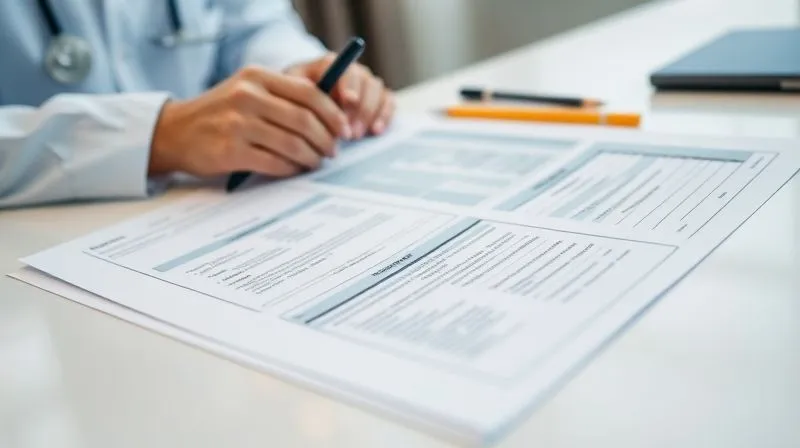 A photorealistic, professional photography shot of a detailed medical chart or file being meticulously organized and reviewed on a clean desk, highlighting key sections related to 'skilled nursing services' and 'therapy requirements'. The image should convey precision and the complexity of medical documentation, with a focus on specific criteria. 8K, cinematic lighting, sharp focus on the documents, depth of field blurring the background, shot on a high-end DSLR.