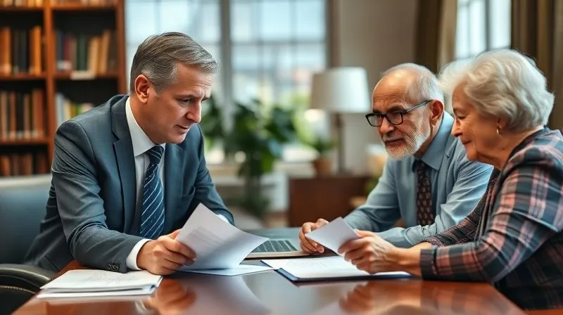 A photorealistic, professional photography shot of an empathetic elder law attorney, dressed in professional attire, leaning across a desk to discuss documents with an elderly client and their family member. The setting is a warm, inviting law office with natural light. The image should convey trust, expertise, and supportive guidance. 8K, cinematic lighting, sharp focus on the attorney and clients, depth of field blurring the background, shot on a high-end DSLR.