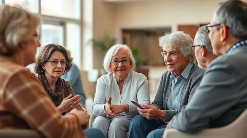 A photorealistic, professional photography shot of a diverse group of elderly patients and their family members actively engaged in a discussion with a skilled nursing facility administrator or ombudsman in a bright, modern SNF common area. The scene should convey open communication, proactive planning, and informed decision-making. 8K, cinematic lighting, sharp focus on the faces and interaction, depth of field blurring the background, shot on a high-end DSLR.