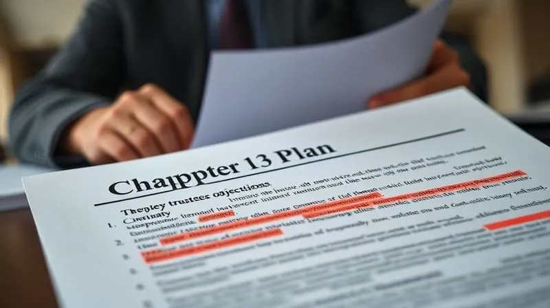 A photorealistic close-up of a Chapter 13 bankruptcy plan document with sections highlighted in red, symbolizing common areas of trustee objections. A blurred figure of a trustee in the background, carefully reviewing documents. Cinematic lighting, sharp focus on the document, depth of field. 8K, shot on a high-end DSLR.