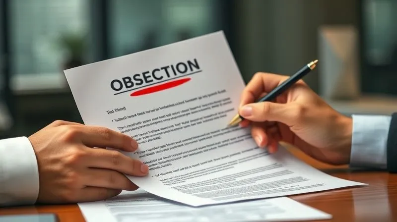 A photorealistic image of two hands, one holding a red-marked legal document (objection) and the other holding a pen, pointing to a section for discussion. A muted, professional office background with a hint of collaborative discussion. Cinematic lighting, sharp focus on the hands and documents, depth of field. 8K, shot on a high-end DSLR.