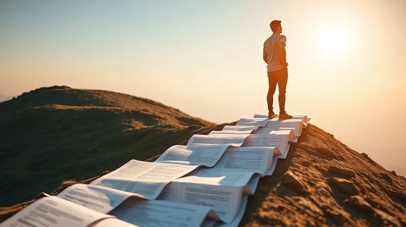 A photorealistic image of a person standing confidently on a stable, upward-sloping path made of financial documents, with a clear, sunny horizon ahead. The path symbolizes a confirmed Chapter 13 plan leading to financial stability. Cinematic lighting, sharp focus on the person and path, depth of field blurring the distant horizon. 8K, shot on a high-end DSLR.