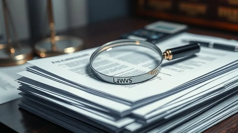 photorealistic, professional photography, 8K, cinematic lighting, sharp focus, depth of field, shot on a high-end DSLR. A close-up of a stack of neatly organized legal documents, some open to pages detailing financial figures and property deeds, on a lawyer's desk. A magnifying glass rests on top, emphasizing scrutiny and detail, with a subtle glow from a desk lamp creating a serious, investigative atmosphere.