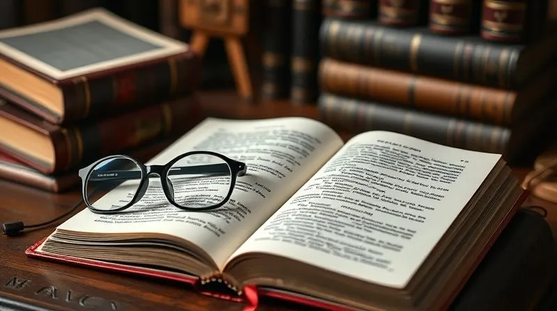 photorealistic, professional photography, 8K, cinematic lighting, sharp focus, depth of field, shot on a high-end DSLR. A close-up of a legal textbook open to a page with highlighted text, next to a pair of reading glasses, on a dark, antique wooden desk. The background is softly blurred, showing other law books, creating an atmosphere of deep study and legal research.