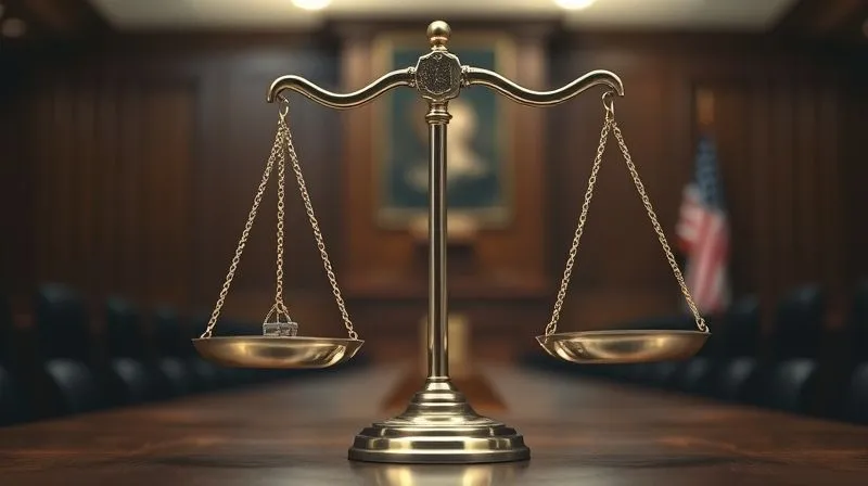 A photorealistic image of a legal scale, perfectly balanced, but with one side (representing qualified immunity) having a slight, almost imperceptible shift due to a strategically placed small, heavy object (representing specific intent or policy). The background is a blurred, dignified courtroom setting. professional photography, 8K, cinematic lighting, sharp focus, depth of field, shot on a high-end DSLR.