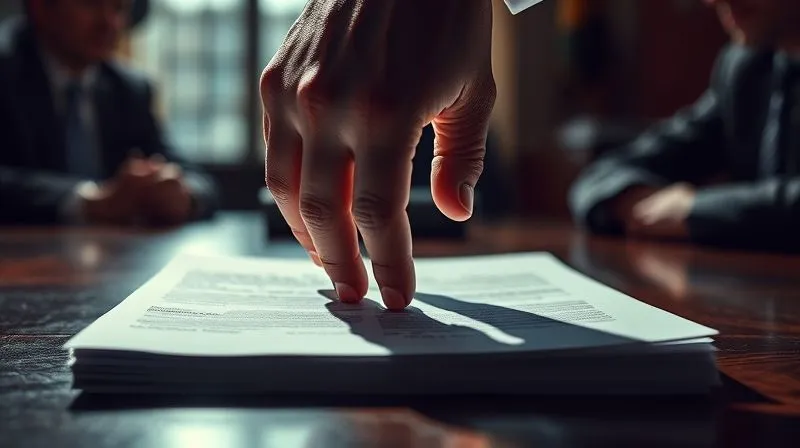 photorealistic, professional photography, 8K, cinematic lighting, sharp focus, depth of field, shot on a high-end DSLR, a hand pressing down heavily on a stack of legal documents, casting a long, dramatic shadow, symbolizing immense pressure and coercion, with a blurred background of a tense negotiation room.