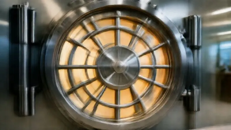 A photorealistic image of a secure, strong financial vault door, slightly ajar, revealing a warm, glowing light inside, symbolizing protected assets and peace of mind. Professional photography, 8K, cinematic lighting, sharp focus on the vault, depth of field blurring the background, shot on a high-end DSLR.