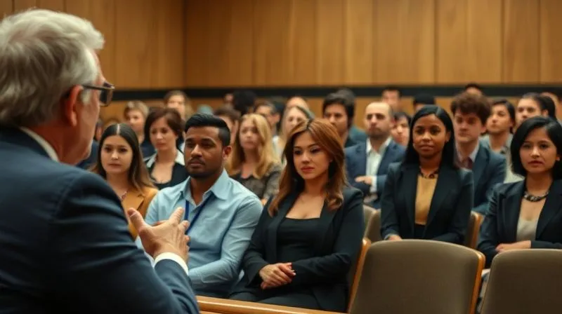 A photorealistic image of a diverse group of potential jurors seated in a modern courtroom, listening intently to a lawyer during voir dire. The lawyer is in the foreground, sharp focus, gesturing subtly with an empathetic expression. Cinematic lighting highlights the faces, depth of field blurs the background slightly, creating a sense of anticipation and careful selection. 8K, professional photography.