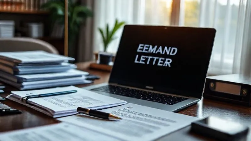 photorealistic, professional photography, 8K, cinematic lighting, sharp focus, depth of field, shot on a high-end DSLR, a meticulously organized desk with legal documents, a pen, and a laptop displaying a demand letter template, conveying precision and strategic preparation.