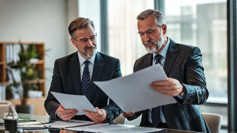 photorealistic, professional photography, 8K, cinematic lighting, sharp focus, depth of field, shot on a high-end DSLR, a lawyer and client in a modern, well-lit office, reviewing documents together, the lawyer pointing to a section with a reassuring gesture, conveying trust, guidance, and expertise.