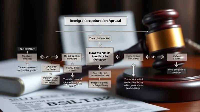 A photorealistic image of a complex legal flowchart, illustrating the stages of an immigration deportation appeal, with arrows and decision points, set against a blurred backdrop of a judge's gavel and a legal brief. Cinematic lighting, sharp focus on the flowchart, depth of field, 8K hyper-detailed, shot on a high-end DSLR.