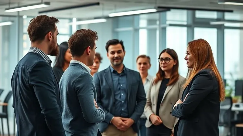 A photorealistic image of a diverse group of employees in a modern office, gathered around a manager who is speaking calmly and reassuringly. The team members appear engaged and slightly concerned but also supported. Cinematic lighting, sharp focus on the group, depth of field, 8K hyper-detailed, shot on a high-end DSLR.