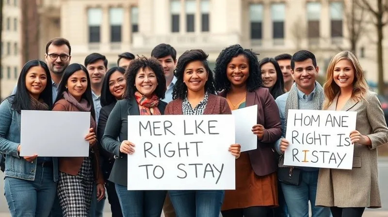 A photorealistic image of a diverse group of community members and business leaders standing together, holding signs that subtly advocate for an individual's right to stay, with a blurred backdrop of a local government building. The mood is hopeful and determined. Cinematic lighting, sharp focus on the group, depth of field, 8K hyper-detailed, shot on a high-end DSLR.