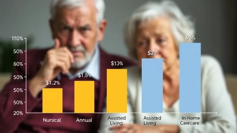A photorealistic infographic showing three distinct bar charts representing the rising annual costs of nursing home care, assisted living, and in-home care over the past decade. The bars are in increasing height, with clear labels and currency symbols, set against a backdrop of a worried senior couple. Cinematic lighting, sharp focus, depth of field, 8K, professional photography, shot on a high-end DSLR.