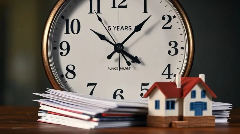 A photorealistic image of a large, old-fashioned clock with a prominent hand pointing to '5 Years' on its face, superimposed over a stack of various financial documents and a small house figurine. The clock's mechanism is visible, implying the passage of time and intricate planning. Cinematic lighting, sharp focus, depth of field, 8K, professional photography, shot on a high-end DSLR.