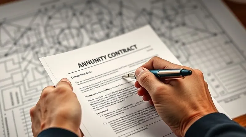A photorealistic image of a hand holding a stylized promissory note or annuity contract, with a pen poised to sign. In the background, a complex financial diagram or blueprint is subtly visible, representing intricate planning. The lighting is focused on the document, highlighting its importance. Cinematic lighting, sharp focus, depth of field, 8K, professional photography, shot on a high-end DSLR.