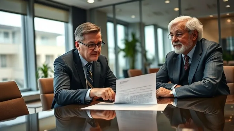 A photorealistic, professional image of a distinguished elder law attorney, in a modern office, thoughtfully advising a senior couple. The attorney is pointing to a document on a table, with the couple listening attentively. The scene conveys trust, expertise, and reassurance. Cinematic lighting, sharp focus, depth of field, 8K, professional photography, shot on a high-end DSLR.