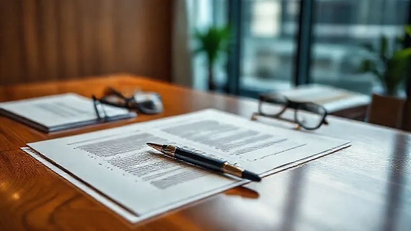 A photorealistic image of a legal brief open on a polished wooden table, with a pen, glasses, and a blurred background of a modern legal office. Cinematic lighting, sharp focus on the text, depth of field, 8K hyper-detailed, professional photography, shot on a high-end DSLR.
