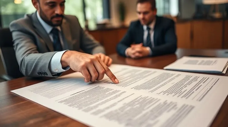 A photorealistic image of a legal professional, possibly a lawyer, pointing to a specific clause on a complex, multi-page legal document spread out on a large desk. A client sits opposite, attentively listening. The scene is set in a modern law office with cinematic lighting, sharp focus on the document and the pointing finger, depth of field blurring the background, 8K hyper-detailed, professional photography, shot on a high-end DSLR.