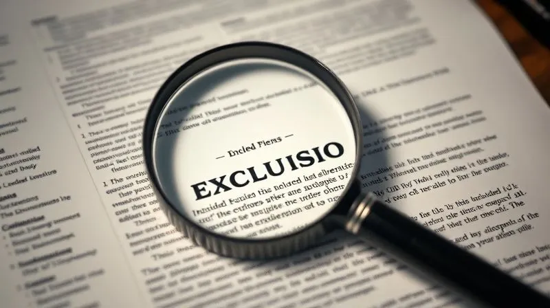 A photorealistic image of a magnifying glass hovering over a complex legal document, clearly highlighting a specific paragraph that contains both bullet points of included items and a bolded 'EXCLUSIONS' section. Cinematic lighting, sharp focus on the magnified text, depth of field blurring the background, 8K hyper-detailed.