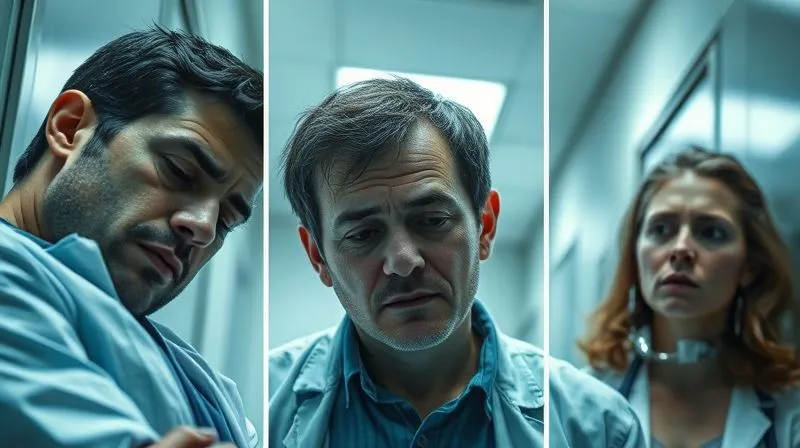A photorealistic image depicting three distinct vignettes within one frame, subtly separated. One vignette shows a person with signs of alcohol intoxication (slumped, eyes unfocused). Another shows a person appearing agitated or paranoid, suggesting drug influence. The third shows a person looking confused and withdrawn, possibly due to medication or mental impairment. All figures are in a sterile, institutional setting. Cinematic lighting, sharp focus on each figure, depth of field, 8K hyper-detailed, shot on a high-end DSLR.