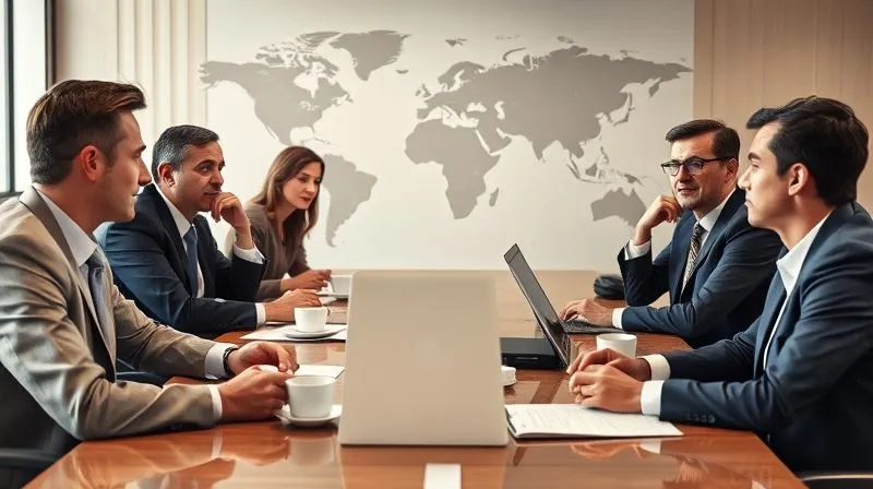 A photorealistic, professional photography, 8K, cinematic lighting, sharp focus, depth of field, shot on a high-end DSLR, depicting a diverse group of international legal professionals and business executives seated around a polished conference table, engaged in a serious but constructive negotiation. There are documents, laptops, and coffee cups on the table. The lighting is soft but focused, highlighting their faces and expressions of thoughtful discussion, with a global map subtly visible in the background, symbolizing the cross-border nature of their discussion.