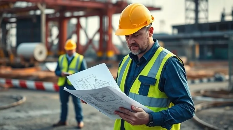 A photorealistic, professional photography image of an environmental consultant in a hard hat and safety vest, intensely reviewing blueprints and historical documents on a clipboard at an undeveloped industrial site. In the background, a team member takes notes. Cinematic lighting, sharp focus on the consultant, depth of field blurring the site, 8K hyper-detailed, shot on a high-end DSLR.