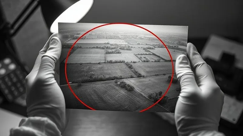 A photorealistic, professional photography image of an old, faded black and white aerial photograph of a rural landscape from the 1950s, with a red circle drawn around a small, disturbed area on a property. The image is held by hands wearing white gloves, illuminated by a desk lamp. Cinematic lighting, sharp focus on the photograph, depth of field blurring the background, 8K hyper-detailed, shot on a high-end DSLR.