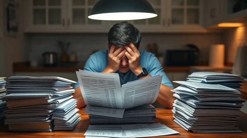 A photorealistic image of a person sitting at a kitchen table, head in hands, surrounded by stacks of daunting medical and financial bills, illuminated by a single lamp, conveying stress and overwhelm. Professional photography, 8K, cinematic lighting, sharp focus on the bills, depth of field, shot on a high-end DSLR.