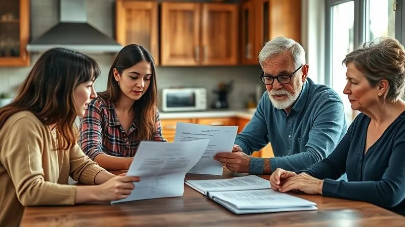 A photorealistic image of a diverse family (adult children and an elderly parent) gathered around a kitchen table, looking at legal documents and discussing options with serious but hopeful expressions. Soft, natural light illuminates the scene, conveying warmth and collaboration. Professional photography, 8K, cinematic lighting, sharp focus on the documents and faces, depth of field, shot on a high-end DSLR.