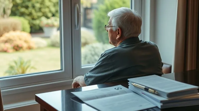 A photorealistic image of a serene elderly person looking out a window at a peaceful garden, with a subtle glow around them, symbolizing peace of mind and financial security. The room is tidy and comfortable, with legal documents neatly stacked on a nearby table, suggesting preparedness. Professional photography, 8K, cinematic lighting, sharp focus on the person, depth of field, shot on a high-end DSLR, conveying calm and foresight.