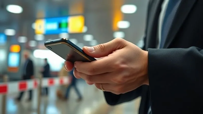 A photorealistic close-up of a lawyer's hand holding a smartphone, blurred background of a border crossing point, showing urgency and communication, 8K, cinematic lighting, sharp focus, depth of field, shot on a high-end DSLR.