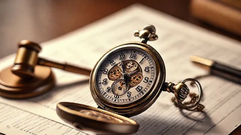 Photorealistic image of a vintage pocket watch with gears exposed, showing time rapidly ticking away, set against a blurred backdrop of legal documents and a small gavel. The lighting is dramatic and emphasizes urgency. 8K, cinematic lighting, sharp focus, depth of field.