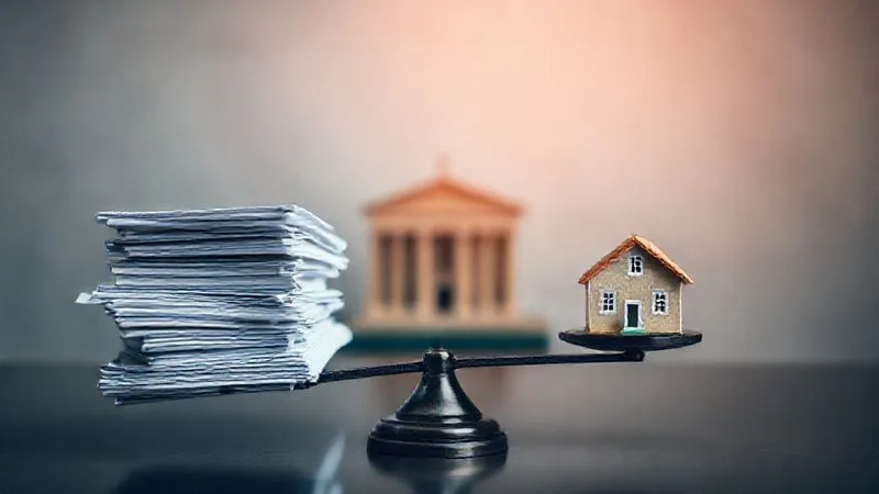 A photorealistic image of a legal scale, perfectly balanced, with a stack of documents on one side and a house miniature on the other. Cinematic lighting, sharp focus on the scale, depth of field blurring a courthouse in the background. 8K, professional photography.