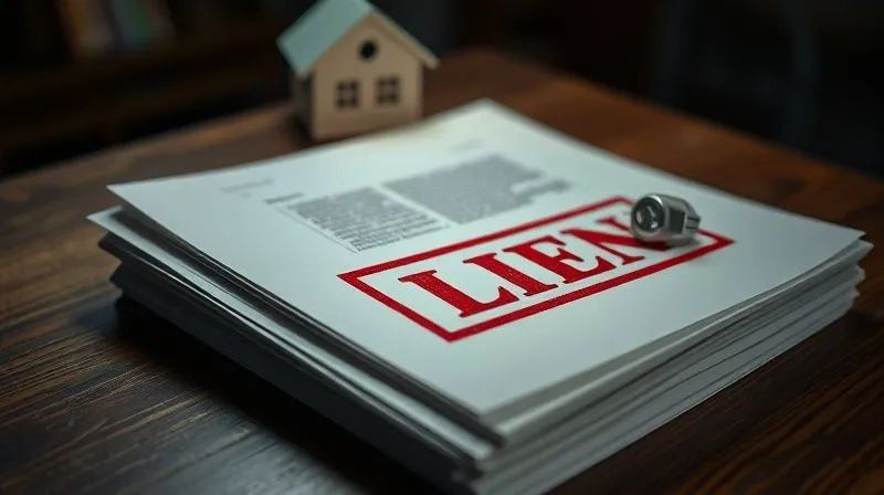 A photorealistic image of a stack of important-looking legal documents, with a prominent red "LIEN" stamp on the top paper, illuminated by a harsh, urgent light. In the background, a blurred image of a house key on a table suggests a pending transaction. Professional photography, 8K, cinematic lighting, sharp focus on the documents, depth of field, shot on a high-end DSLR.