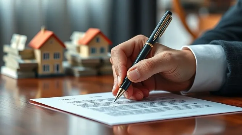 A photorealistic close-up of a hand signing a legal document, with a pen, on a polished wooden desk. In the background, blurred but visible, are stacks of money and a small house figurine, representing the successful resolution of a financial and property transaction. Cinematic lighting, sharp focus on the signing hand and document, depth of field, 8K, shot on a high-end DSLR.
