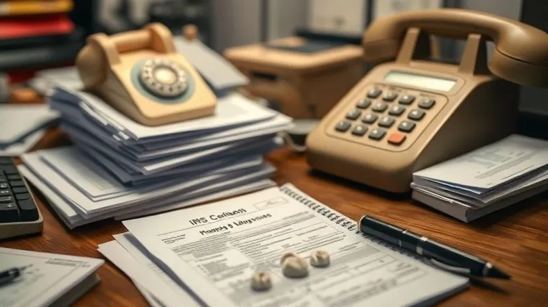 A photorealistic image of a cluttered but organized desk with an old-fashioned telephone, stacks of IRS forms, a pen, and a notepad with detailed notes. The background is slightly blurred to emphasize the foreground, suggesting meticulous administrative work. Cinematic lighting, sharp focus on the forms and notes, depth of field, 8K, shot on a high-end DSLR.