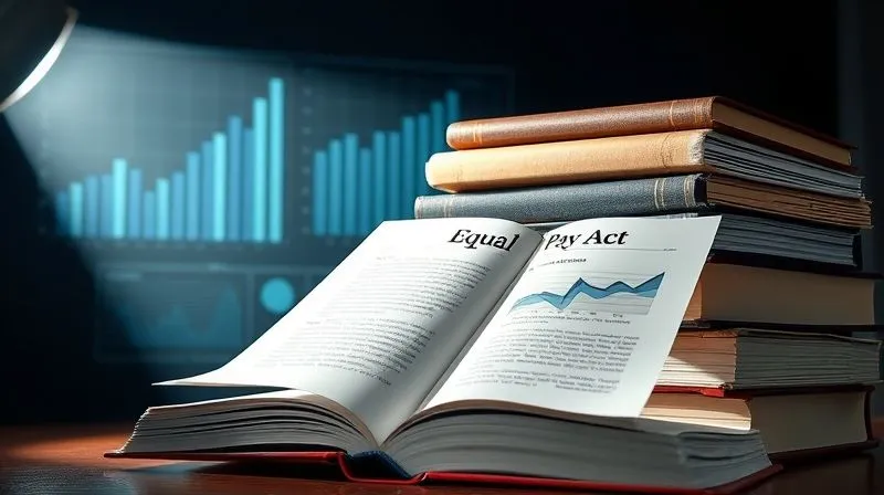 A photorealistic image of a stack of legal books and documents, with one open to a page titled 'Equal Pay Act', illuminated by a strong, focused spotlight. A subtle digital overlay of data charts is visible in the background, representing complex legal and statistical analysis. Professional photography, 8K, cinematic lighting, sharp focus, depth of field, shot on a high-end DSLR.